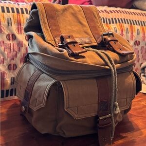 S-Zone Rugged Khaki VintageCanvas Backpack with Brown Trim - Men's Everyday Pack